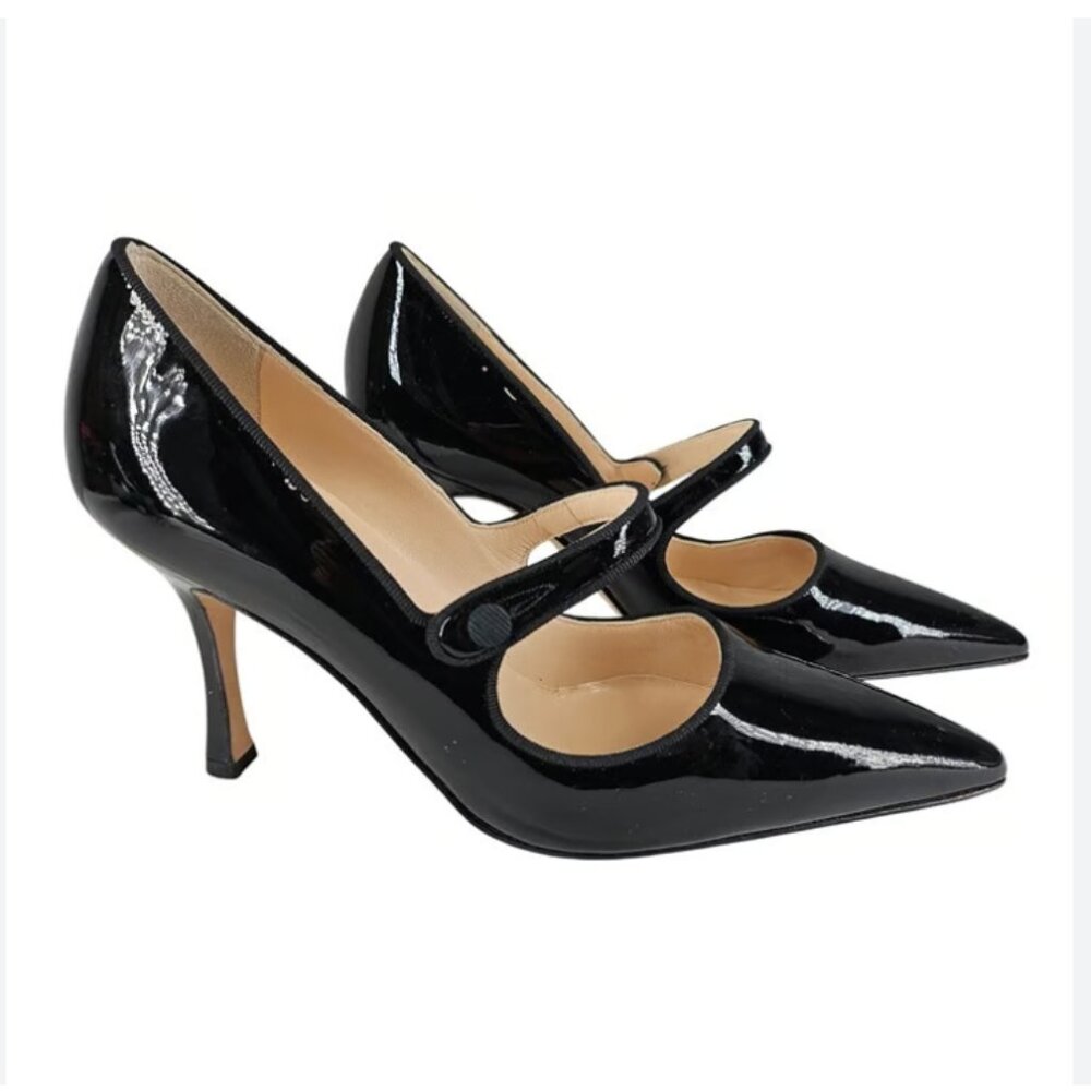 MANOLO BLAHNIK black patent Campari Mary Janes Pumps Heels Shoes Size 36
